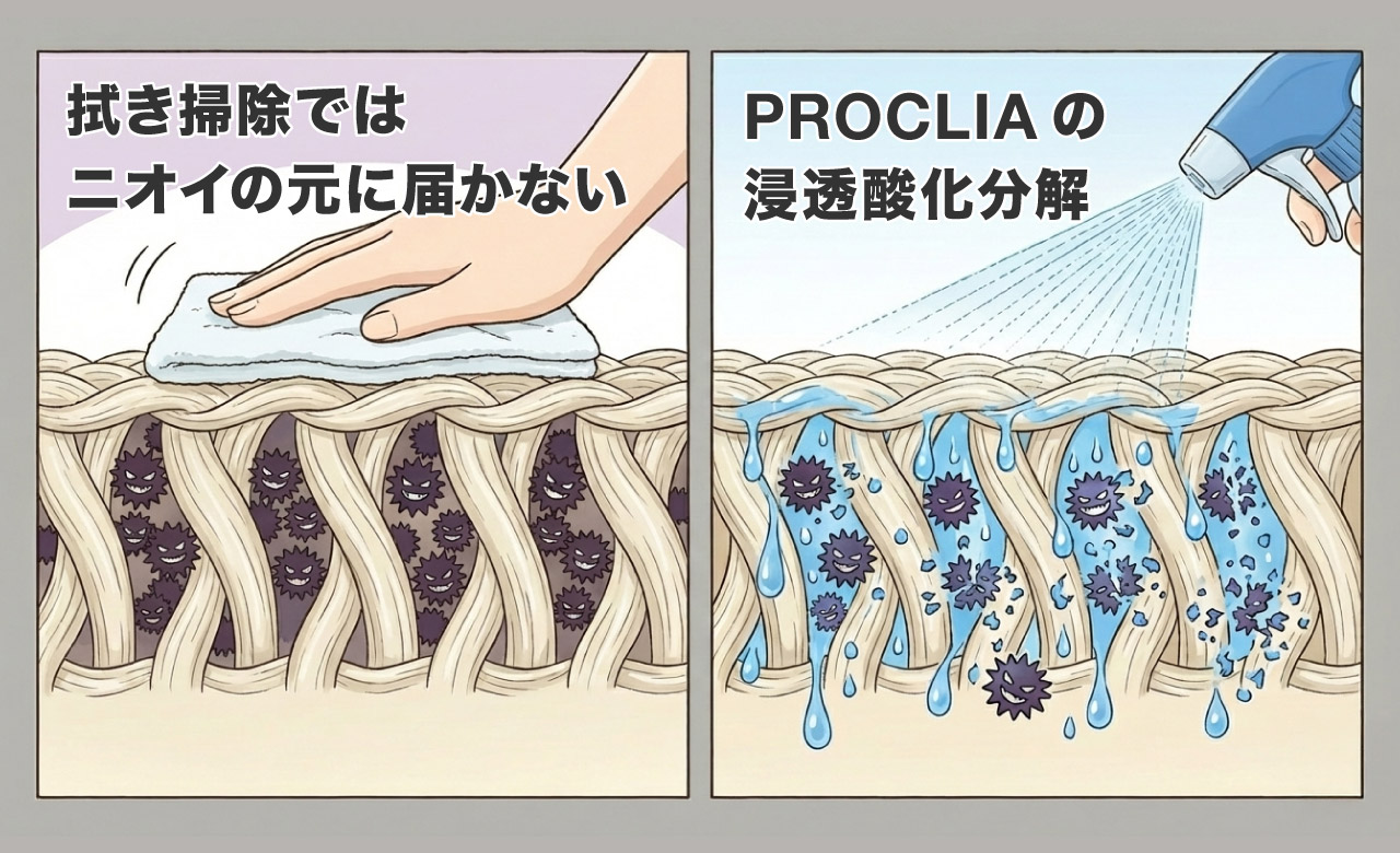 拭き掃除とPROCLIA浸透の比較